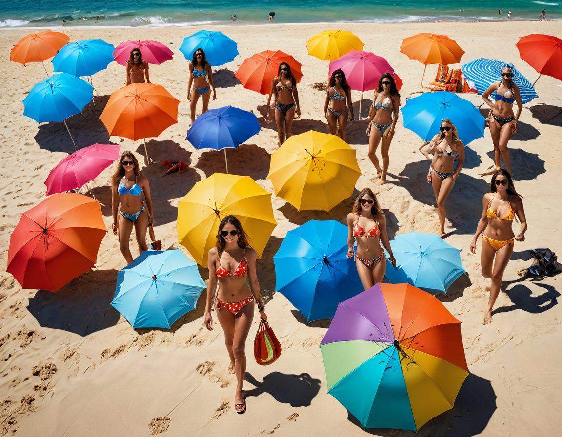 A vibrant beach scene featuring diverse models showcasing the latest bikini trends for summer 2023. Include bright sun, sparkling waves, and colorful beach umbrellas, with stylish sunglasses and accessories enhancing the beach vibe. Capture an atmosphere of fun, freedom, and excitement. super-realistic. vibrant colors. sunny background.