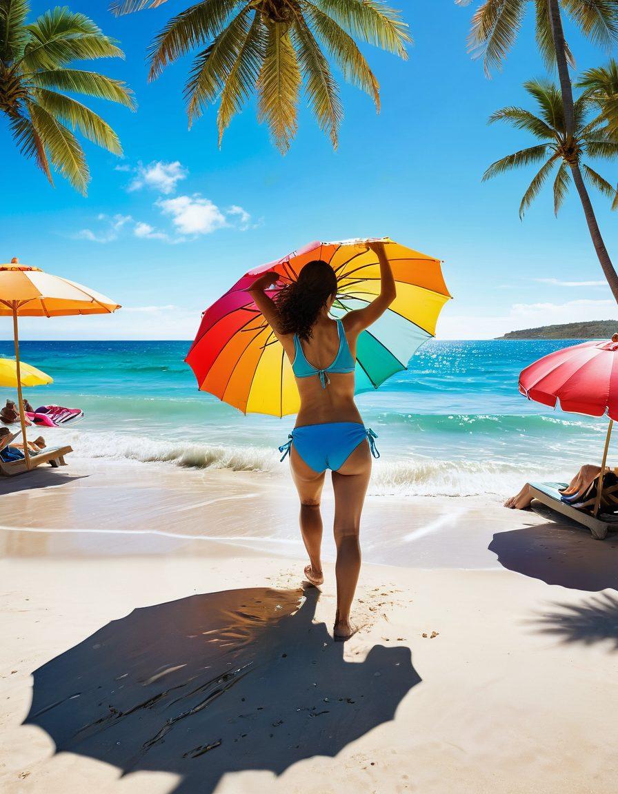 A vibrant beach scene showcasing a diverse group of people wearing the latest bathing suits of 2023, with colorful umbrellas and palm trees in the background, the sun shining brightly in a clear blue sky. Include a splash of water as someone dives into the ocean, capturing the essence of summer fun. super-realistic. vibrant colors. white background.
